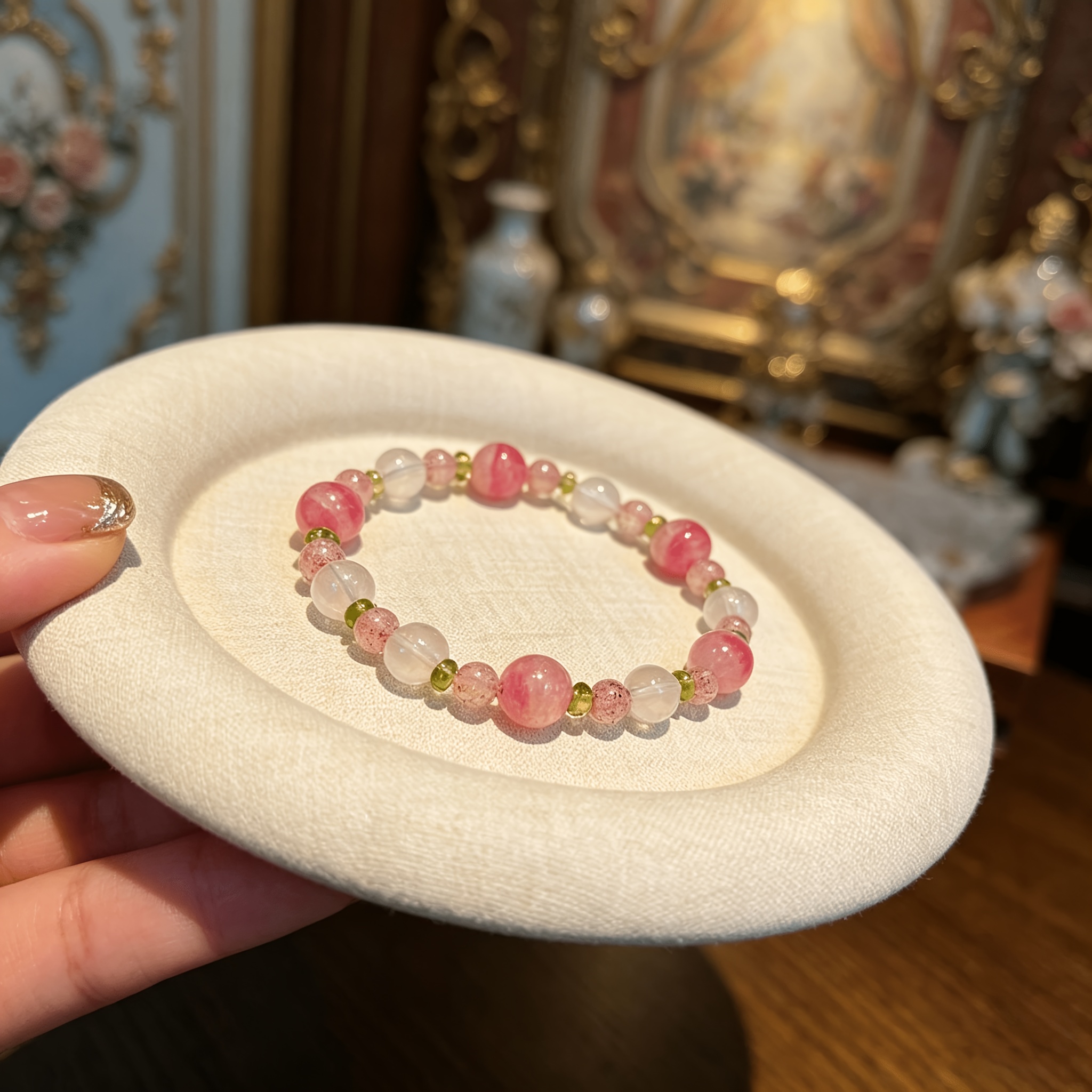 Women's Handmade Multi-Colour Stone Bead Bracelet, Pink & Green Quartz